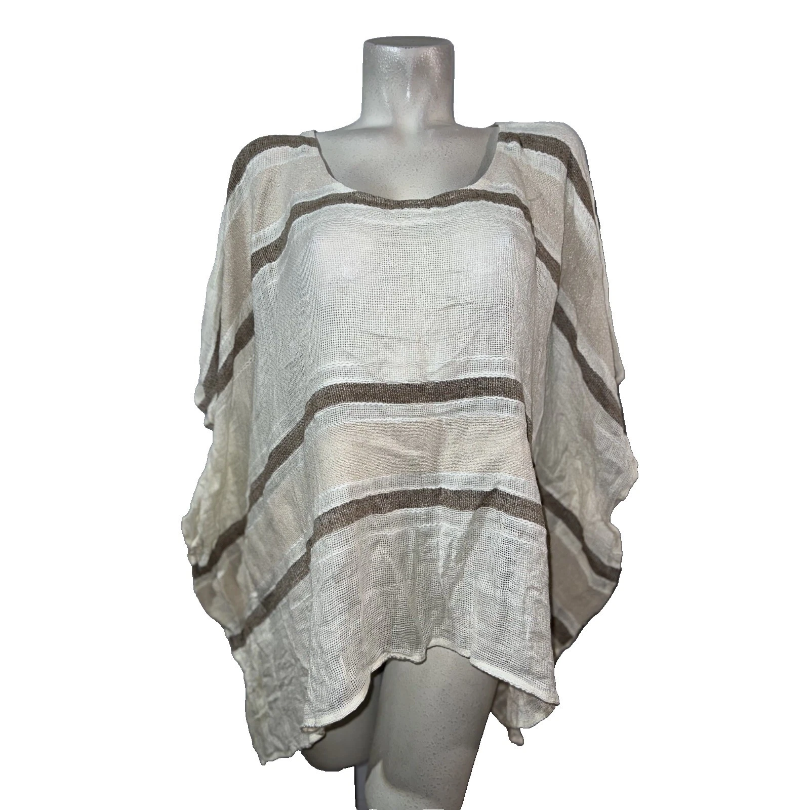 Chico's Womens L/XL Striped Knit Poncho Top White Tan Brown Rayon Cotton Blend