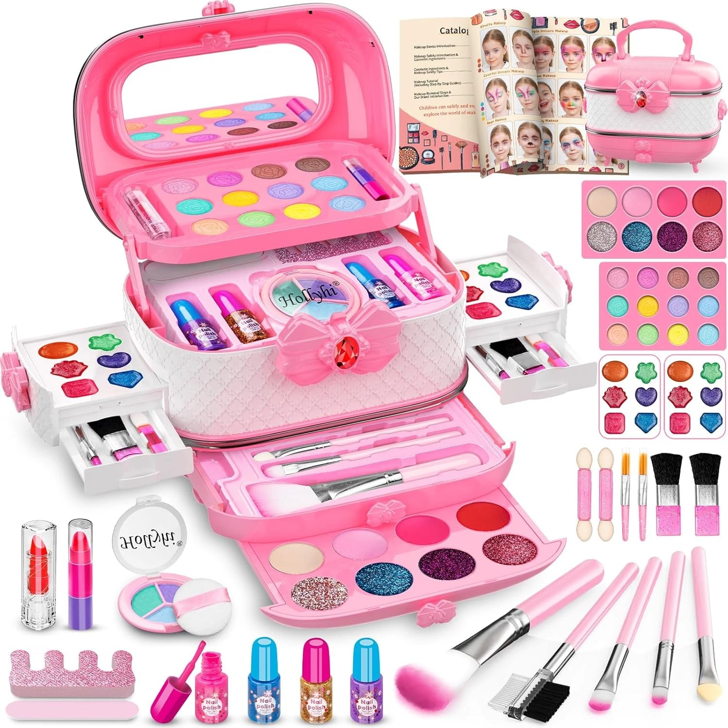 Hollyhi 58 Pcs Kids Makeup Kit for Girl, Princess Toys Real Pink and White