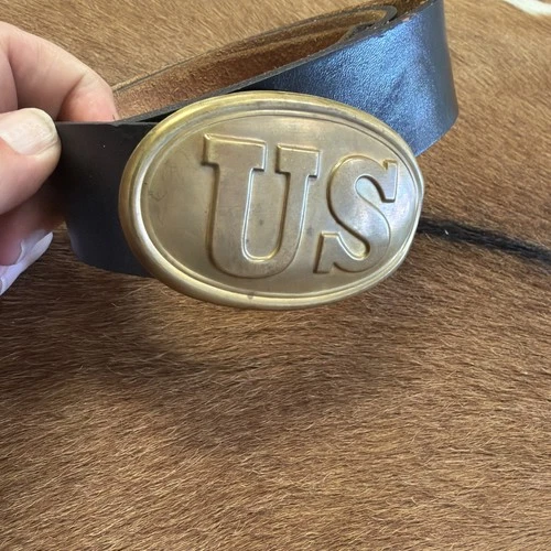 Old Vintage Reproduction Civil War US Brass Belt Buckle and Leather Belt 44”