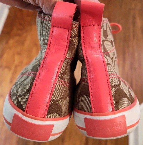 Coach Franca Pink Leather & Canvas Logo Allover High Top Sneakers Sz 8 Q1388 - Picture 16 of 19