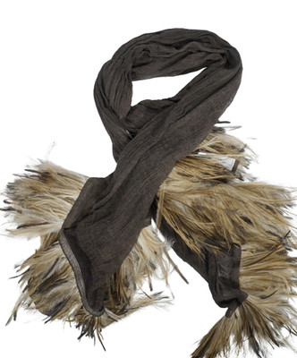 $600 NWT CLAUDIO CUTULI Brown Gauze w Feathers Scarf Made in Italy 80''X 37''