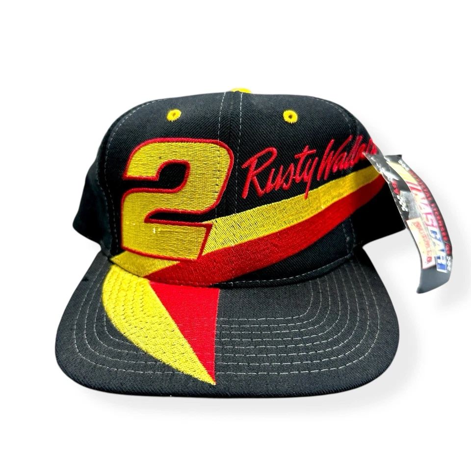 De colección Años 90 Rusty Wallace #2 Nuez moscada Carreras Snapback Sombrero NASCAR Negro Rojo Amarillo  Foto 2 de 4