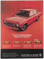 Vintage Austin Marina Automobile Ad 1970s British Leyland Gas-saving