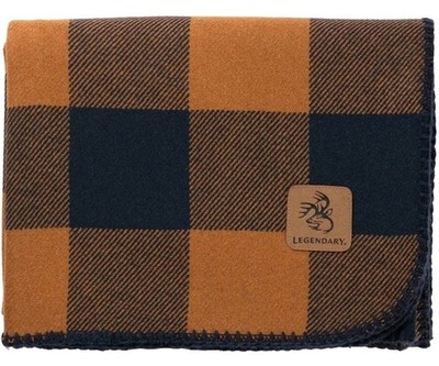 Legendary Whitetails Cabin Wool Throw Blanket Golden Night Plaid Blue Yellow NEW