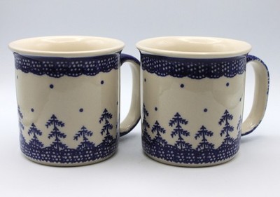 2 Boleslawiec Polish Pottery Hand Painted Blue And White Pines Mugs 10oz