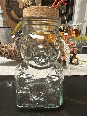 Vintage Honey Bear Clear Glass Candy Cookie Jar With Cork  Lid 9'' Unbranded Rare
