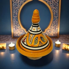 Hand-Painted Moroccan Mini Tagine – Orange Condiment or Spice Dish 3½D