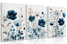 LLEEMPI Framed Navy Blue Floral Wall Art Set of 3, Modern Wildflower Wall Dec...