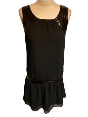 Vintage Esprit Dress UK 8 Black Chiffon Short Drop Waist Flapper 20s Y2K