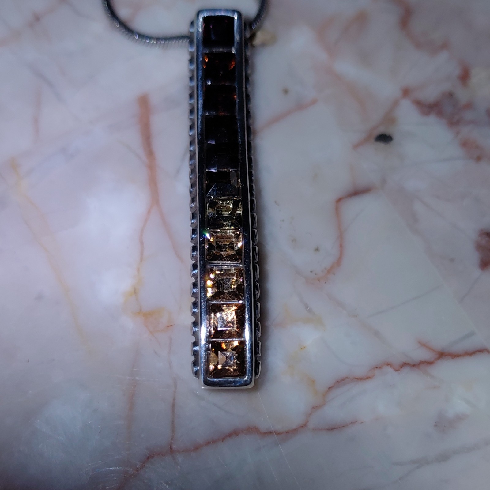 Silver Brown Stone Rectangle Pendant Necklace Sna… - image 5