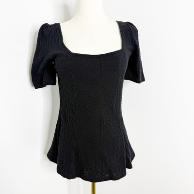 Ett:twa Anthropologie Black Peplum Top XS Square Neck Textured Y2K