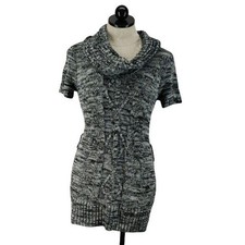 No Boundaries Black Marled Short Sleeve Cowl Neck Cable Knit Sweater Dress M