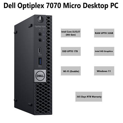 Dell OptiPlex 7070 Micro PC Core i7 8th Gen 32GB RAM 1TB SSD Wi-Fi