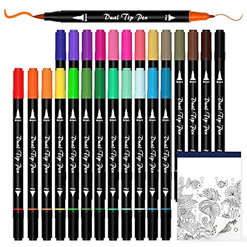 Dual Tip Brush Pens Art Markers 25 Colors Fine and Brush Dual Tip Markers Set...