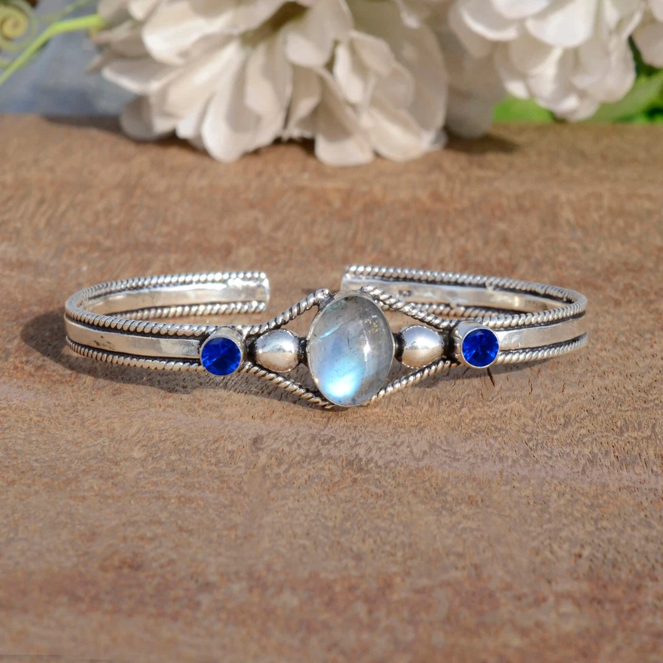 Labradorite & Tanzanite Gemstone 925 Sterling Silver Cuff Bangle For Festival - Image 3 of 4