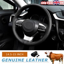 UK 15" Genuine Leather Punched DIY Steering Wheel Cover with Needle Thread Black