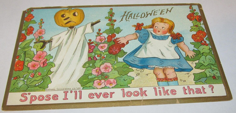 Tuck’s 181 Halloween Postcard Anthropomorphic Scarecrow Pumpkin Snapdragons Girl
