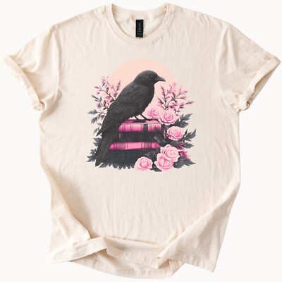 Raven Shirt Books Roses Graphic T Shirt Bird Lover Tee Beige