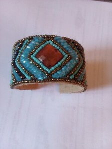 Beaded Geometric Turquoise Blue and Brown Amber Colored Gems Hard Cuff Bracelet