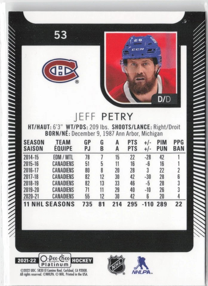 2021-22 O-Pee-Chee Platinum #53 Jeff Petry - Image 2 of 2