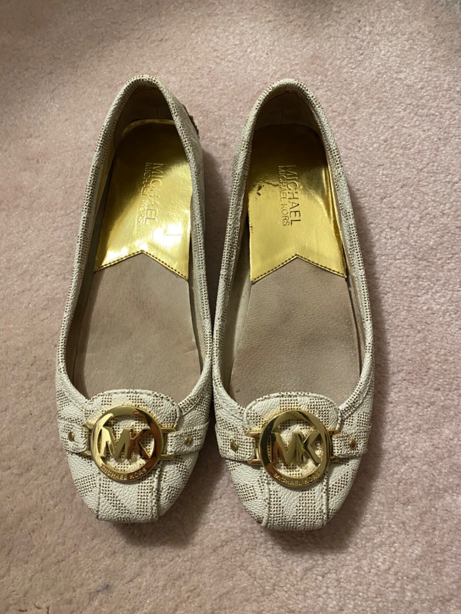 Michael KORS GOLD MK LOGO VANILLA SIGNATURE SLIP ON FLATS SZ 7M
