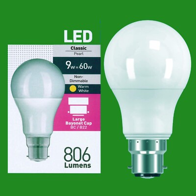 4x 9W (=60W) Pearl LED A60 GLS Bajonettverschluss BC B22 Glühbirne Lampe, 2700K, 806lm