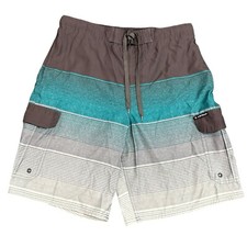Airwalk Mens XL Grey Blue Striped Board Shorts Drawstring Tie Pockets Swimwear