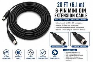20 Ft 6 Pin Mini DIN Extension Cable Male to Female Black Shielded Cord #1007
