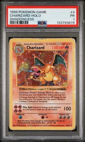 1999 POKEMON BASE SET SHADOWLESS #4 CHARIZARD-HOLO PSA 1