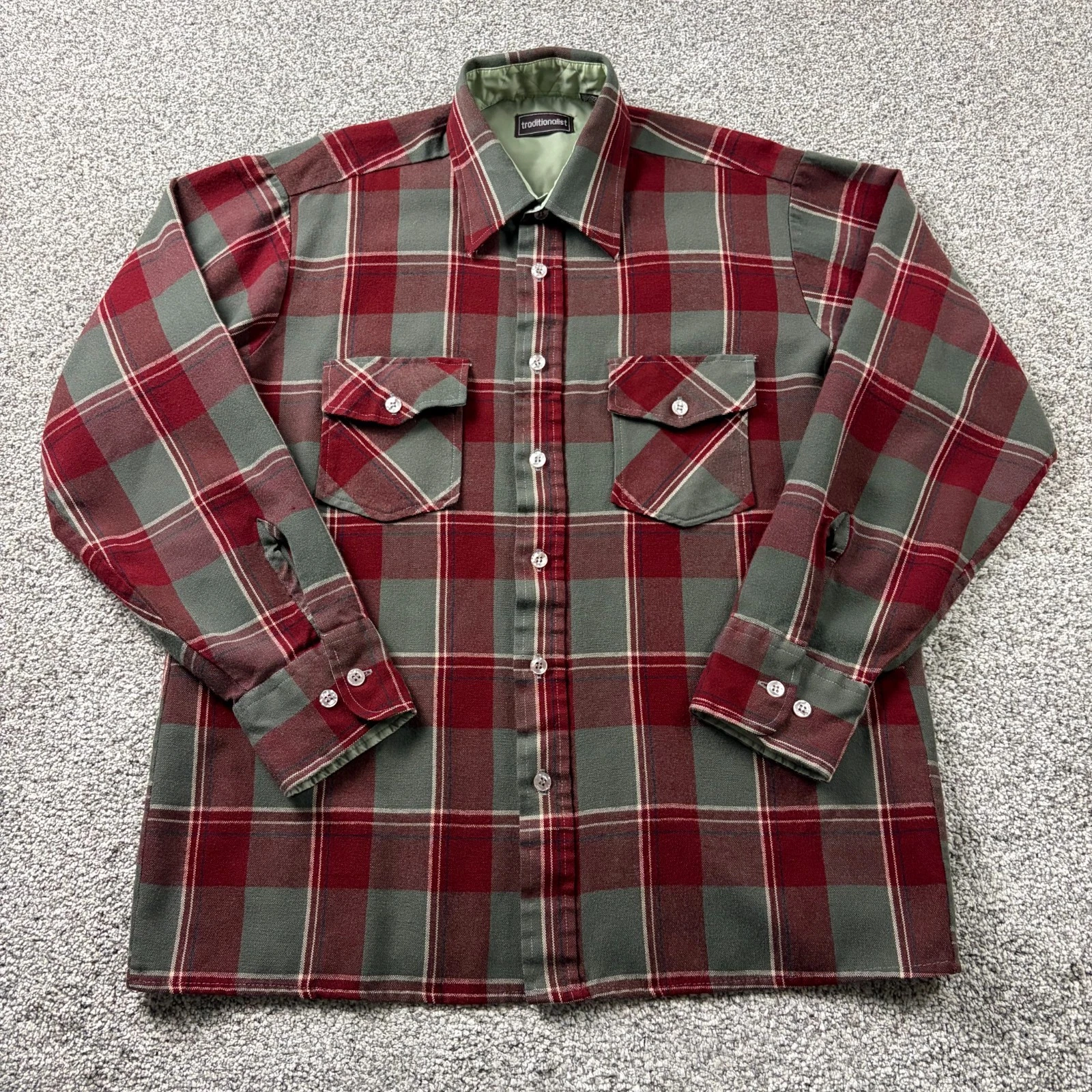 Vintage Shirt Men Large Red Gray Plaid Flannel Double Pocket Rockabilly Outdoors