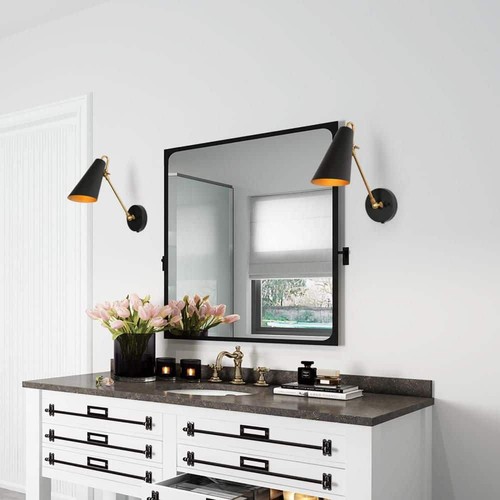 Zevni 1-Light Modern Black Gold Swing Arm Wall Sconce Plug-In or Hardwire - Picture 2 of 14