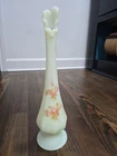 Vintage Fenton custard satin glass hand-painted floral bud vase.
