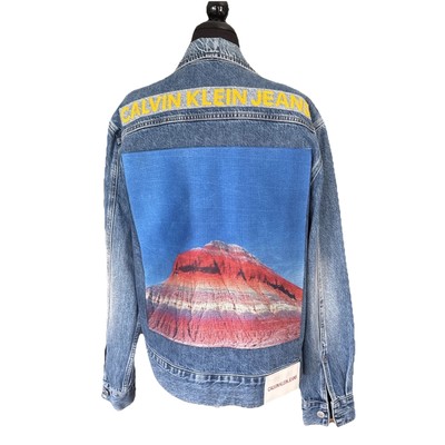 Calvin Klein Jeans Denim Jacket Mountain Print Embroidered Logo Mens Lrg Sunset