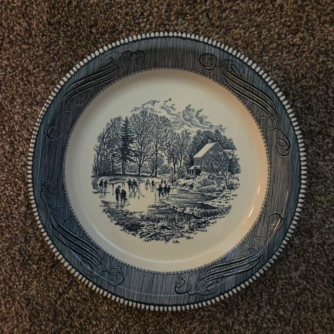 Vtg. Currier & Ives By Royal China 10” Blue Pie Plate Ice Skater Fishing House