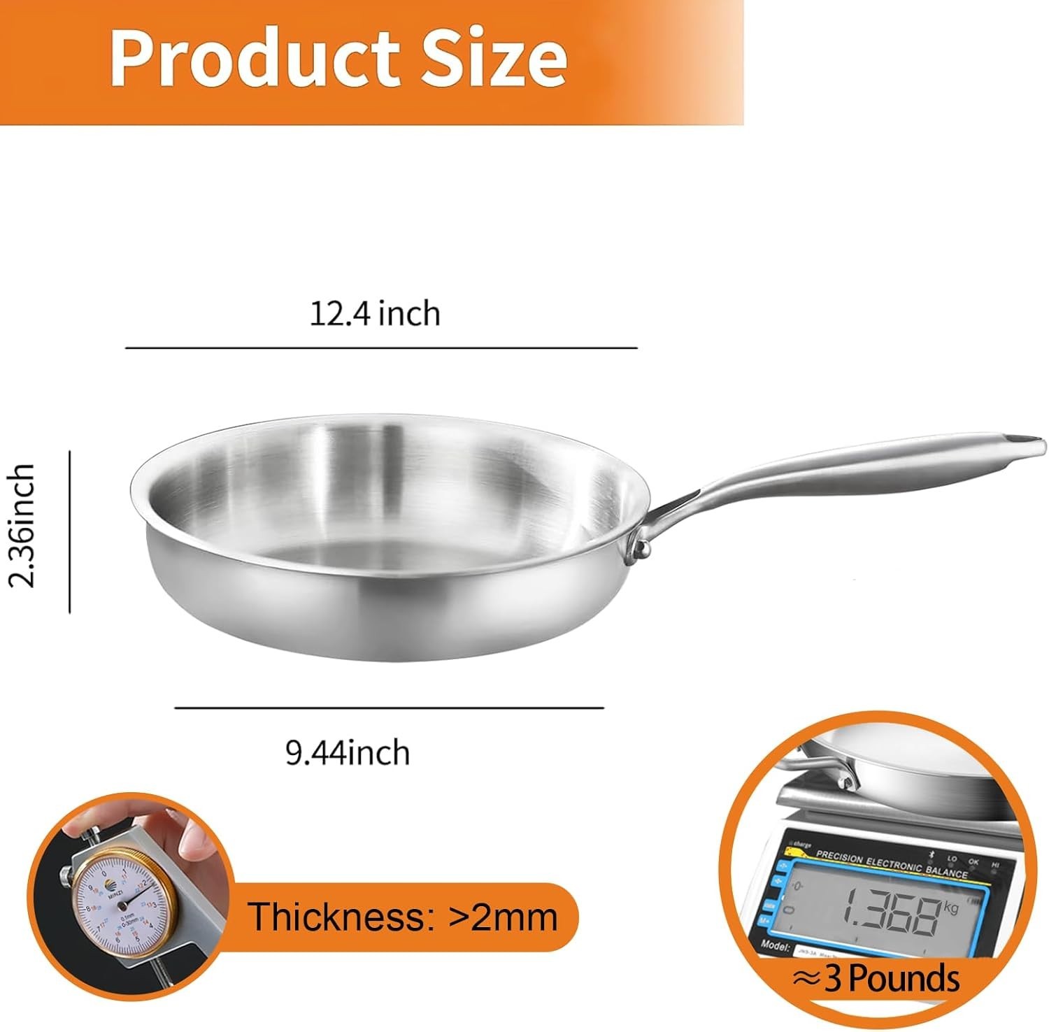 Whole Body Tri-Ply Stainless Steel 12Inch Frying Pan, Oven Safe Induction Skille