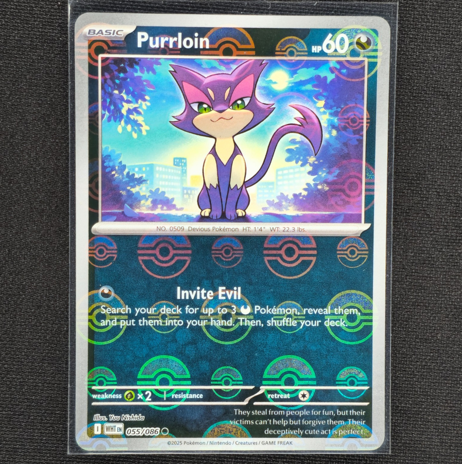Purrloin - 055/086 - Pokeball Holo - White Flare - Pokemon Card - NM/M