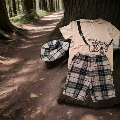 NEW Shein Outfit Kids Boy 9Y Shorts 3 Piece Set Explorer Shirt Shorts & Hat 9 Y