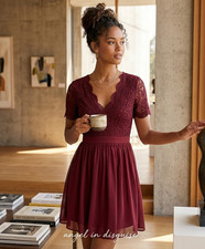 Lulus New burgundy angel in disguise lace pleated eyelet Vneck Fit Flare dress M