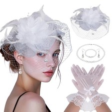 5Pcs Tea Party Hat and Gloves Set for Women, Fascinators Hats with Short Lace