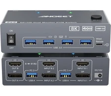 KVM Switch 2 Monitors 2 Computers 8K@60Hz, 4K@144Hz, ANGEET HDMI and Displayp...