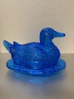 Fenton Art Glass Blue Duck On Nest Covered Serving /Candy Dish Figurine 7"L x 5"
