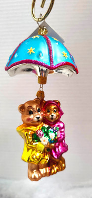 Christopher Radko SHOWER ME WITH LOVE Glass Christmas Ornament Bears w/Umbrella