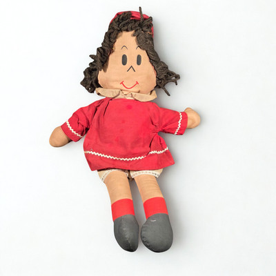 Vintage 18'' Cloth Rag Doll Yarn Hair Red Dress Primitive Folk Art Toy