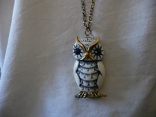 PENDANT  2 1/4"L WHITE EYCHED OWL ON GOLD TONE   CHAIN NECKLACE #12/11