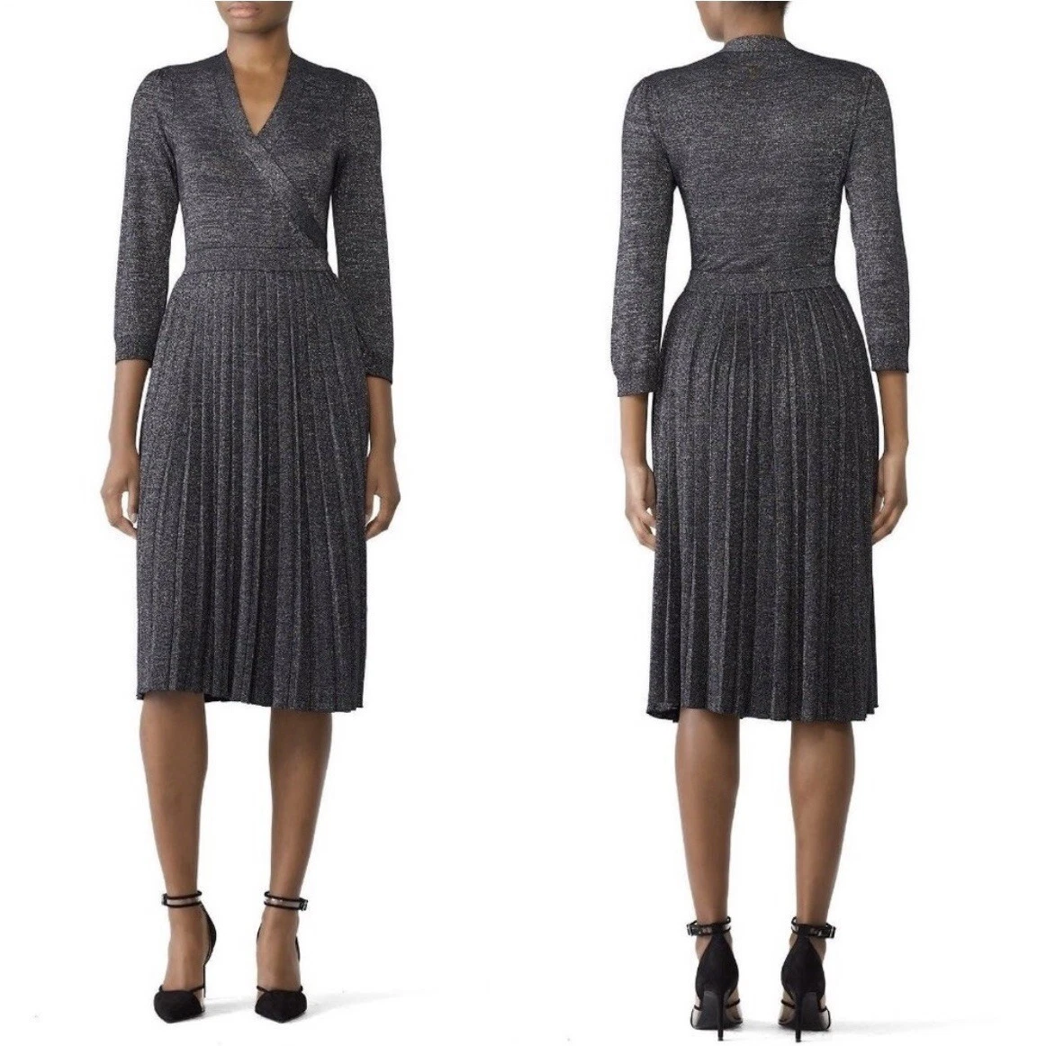 Abito Kate Spade taglia M neutro metallizzato festa festa nuovo nero lucido midi $328 NUOVO