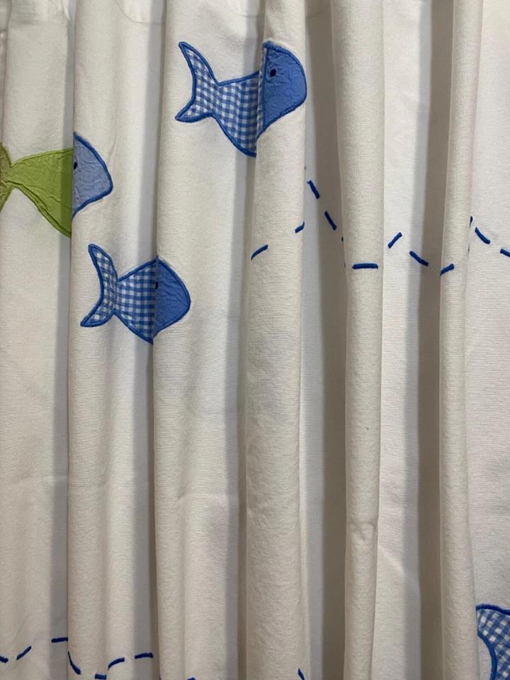 Pottery Barn Kids colorful fish Shower Curtain Blue Green White Vintage 100% Cot - Image 2 of 4