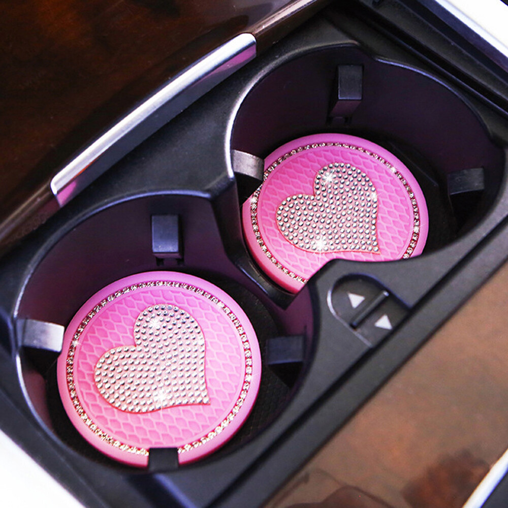 2PCS Pink Heart Cup Coasters for Car Diamond Interior Accessories
