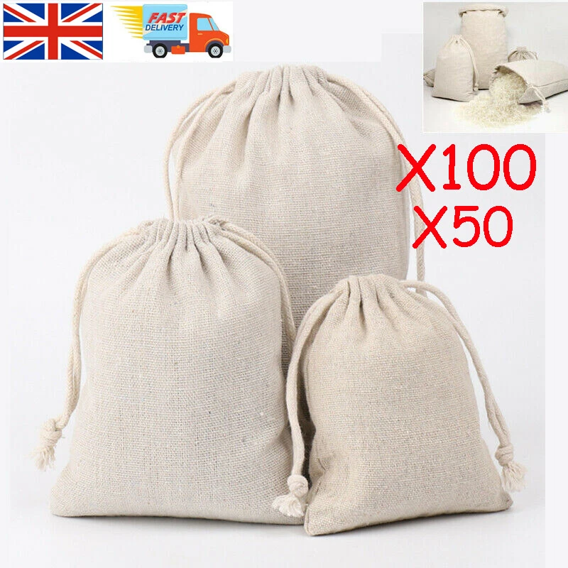 UK Calico Drawstring Storage Bags Natural Cotton Bulk Linen Tote