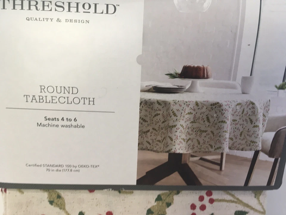 Target Threshold 70" Round Tablecloth Beige Red Holly Berries Christmas 2019 - Image 2 of 4
