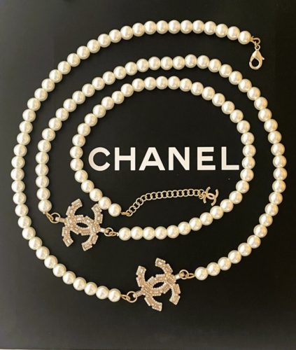 Pale Gold-Tone CC Chanel Long Necklace with Pearls